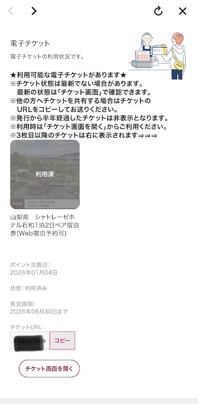 ホテル宿泊に使える電子チケットの画面