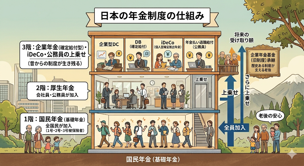 年金制度の三階建ての説明イラスト